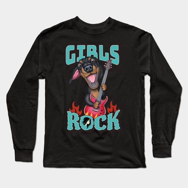 Fun Girls Rock with Dachshund Doxie Dog and guitar Long Sleeve T-Shirt by Danny Gordon Art